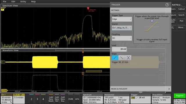 Triggering on an ASK Amplitude Shift-Keying Signal with Spectrum View